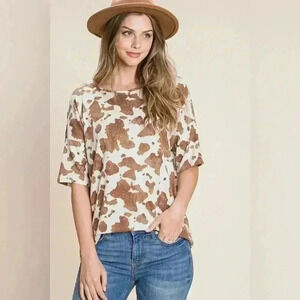 NWOT BOMBOM Animal Print Brown and White Loose Knit Tee | size small